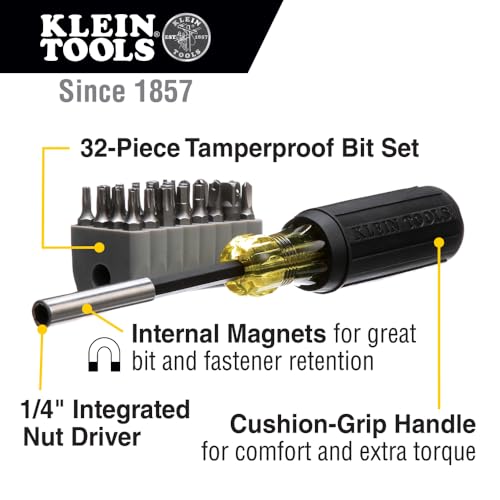 Klein Tools 32510 Tournevis Magnétique Ensemble 32 Pièces Bit Invulnérable pour Electricien, Réparation Électrique, Outi