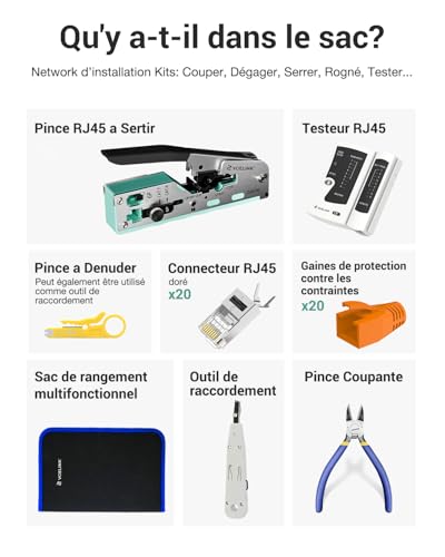 VCELINK Professionnel Network d'Installations Kits Sertissage RJ45, Outils pour Connecteurs Cat7, Testeur et Pince Coupa