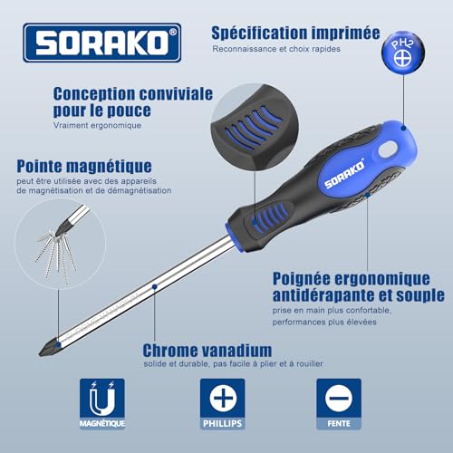 Tournevis professionnel SORAKO 11 pièces avec pointe magnétique 2 en 1, sac en nylon haute densité, poignée antidérapant