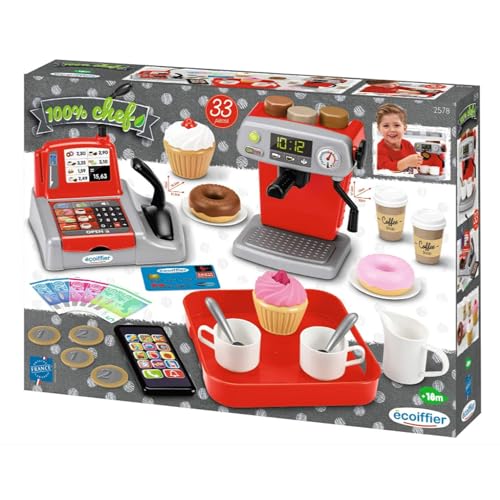 Jouets Ecoiffier Coffret Coffee Shop 3 Variétés de Café Caisse Enregistreuse Plateau Accessoires Jeu d'Imitation 18 Mois