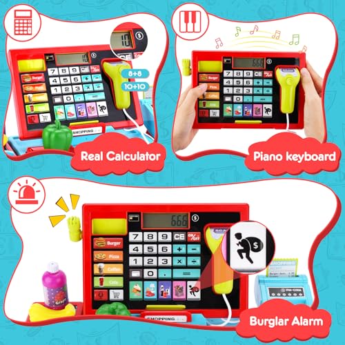 KIMIGO Jouet Caisse Enregistreuse pour Enfants 3+ Ans, Caisse Enregistreuse Jouet avec Scanner Son et Lumière, Jeu de Rô