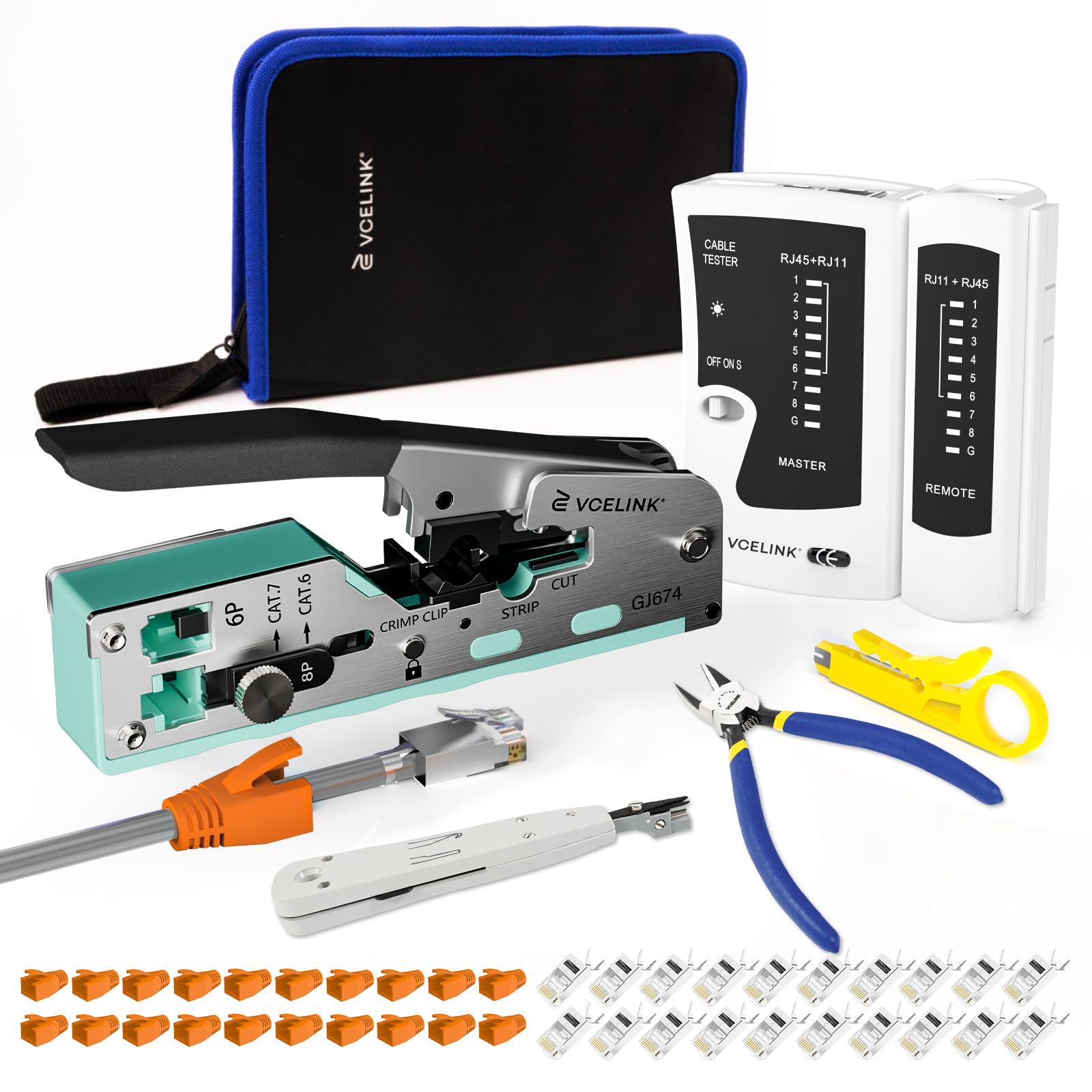 VCELINK Professionnel Network d'Installations Kits Sertissage RJ45, Outils pour Connecteurs Cat7, Testeur et Pince Coupa