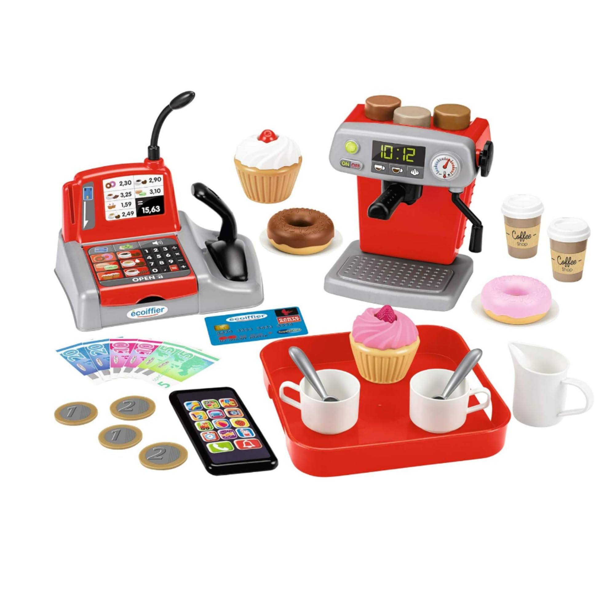 Jouets Ecoiffier Coffret Coffee Shop 3 Variétés de Café Caisse Enregistreuse Plateau Accessoires Jeu d'Imitation 18 Mois