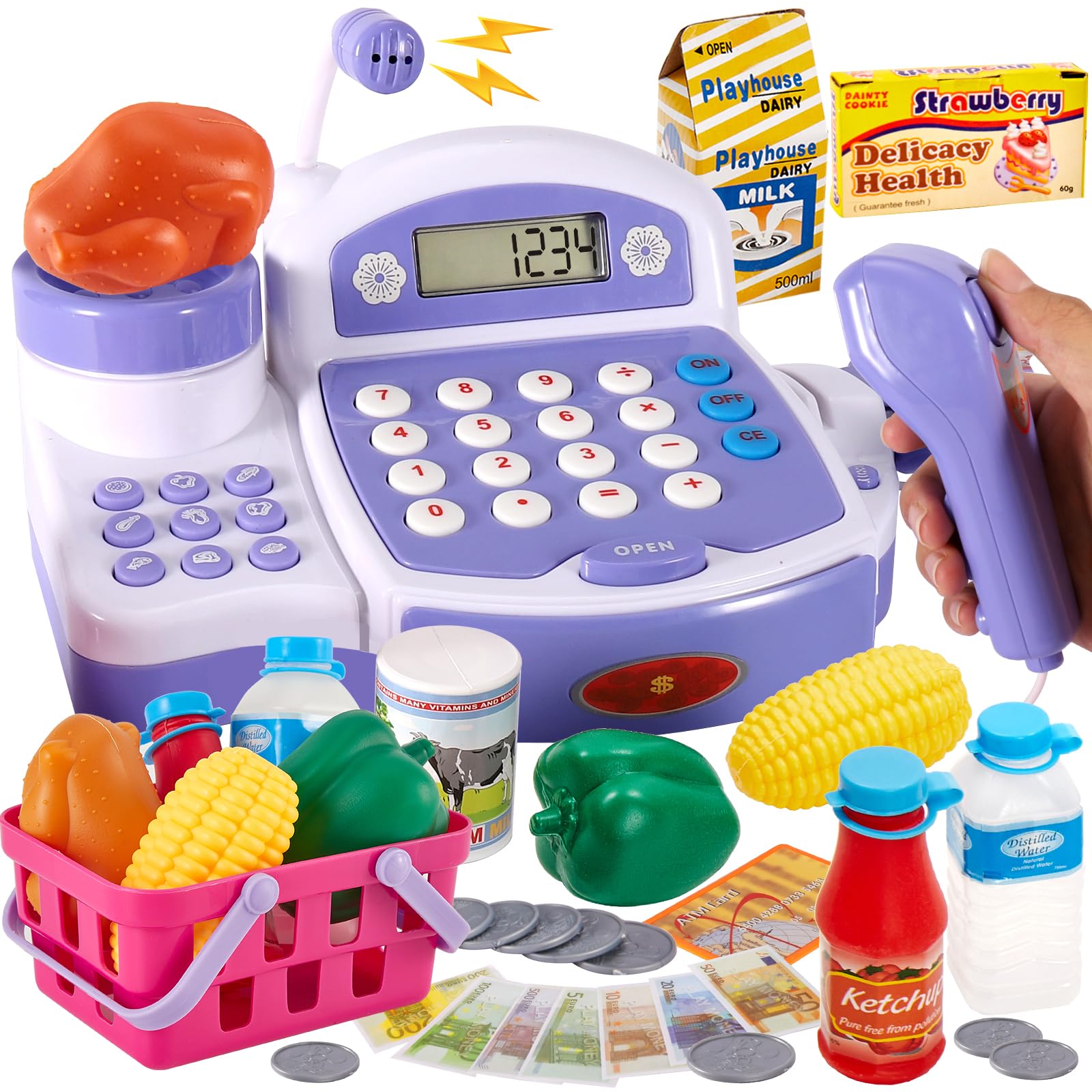 BUYGER Grande Jouet Caisse Enregistreuse pour Enfants 3+ Ans - Scanner, Calculatrice, Peser Aliments | Son et Lumière