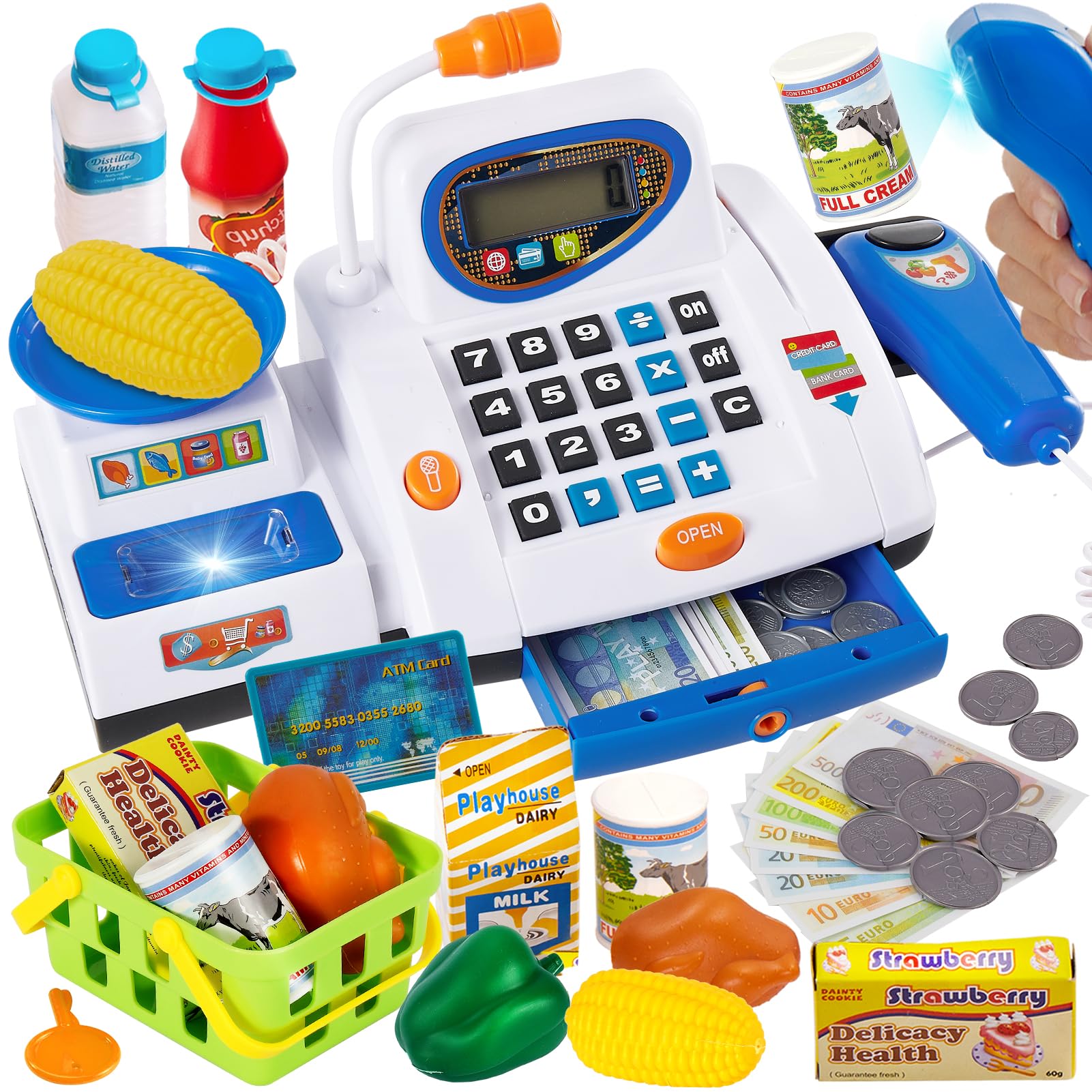 HERSITY Caisse Enregistreuse Jouet avec Son et Lumière Scanner pour Enfants de 3 4 5 Ans Grand Supermarché Jouets Longue